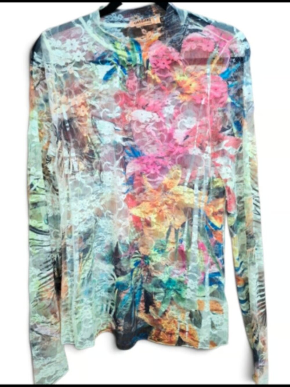 Women's Origami Tropical Floral Lace Long Sleeve Mesh Plus Size Top~2XL